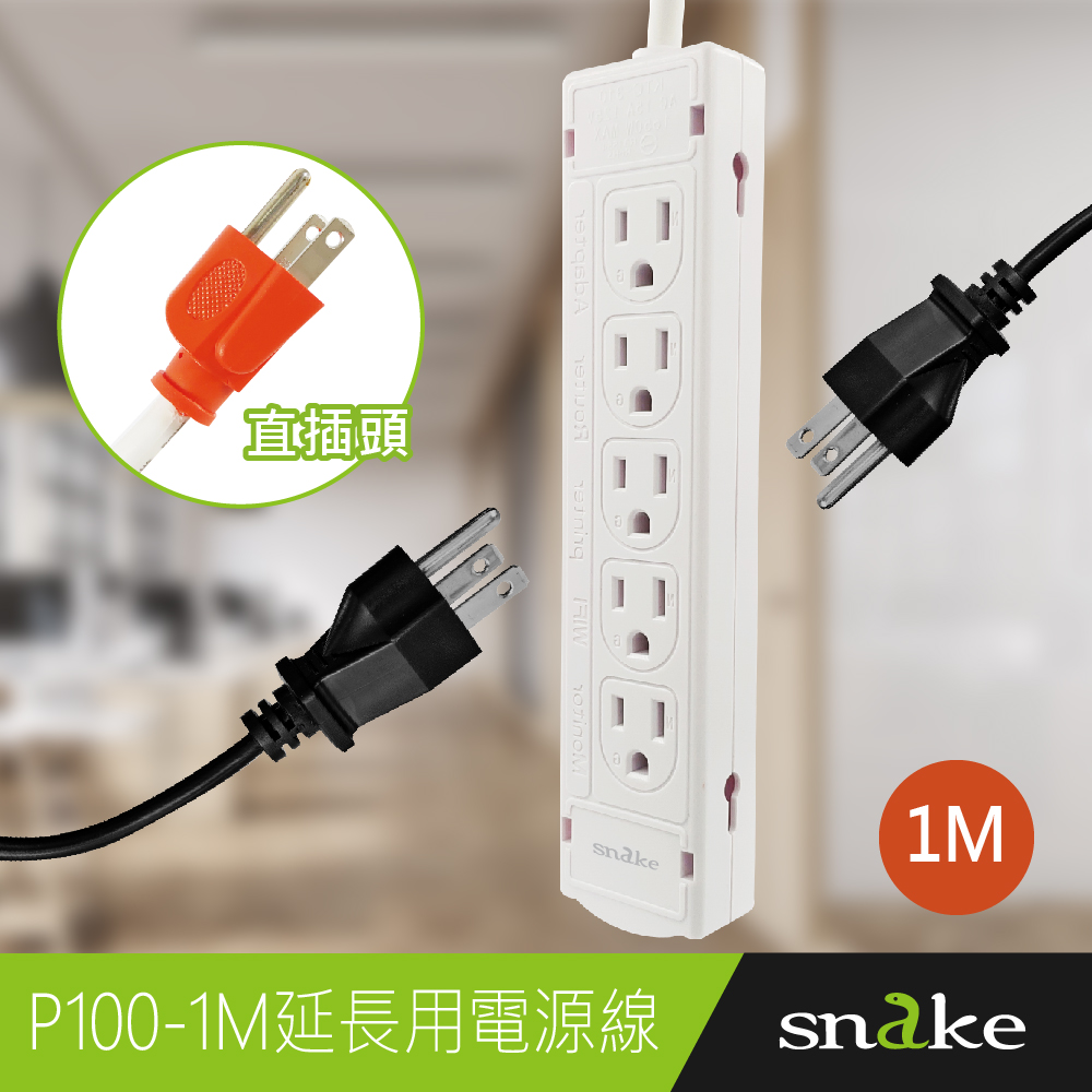 蛇吞象SNAKE P100 1開10插3孔1M直頭15A延長用電源線組